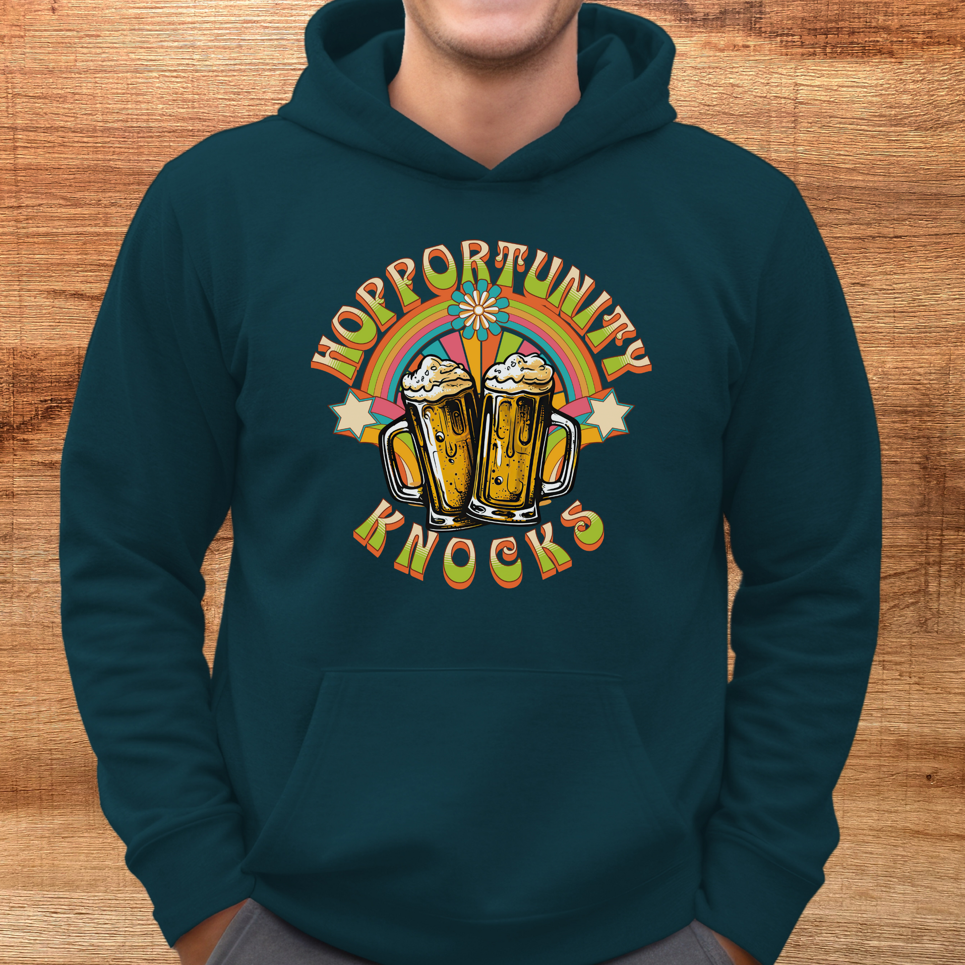 male model wearing atlantic color hopportunity knocks beer hoodie