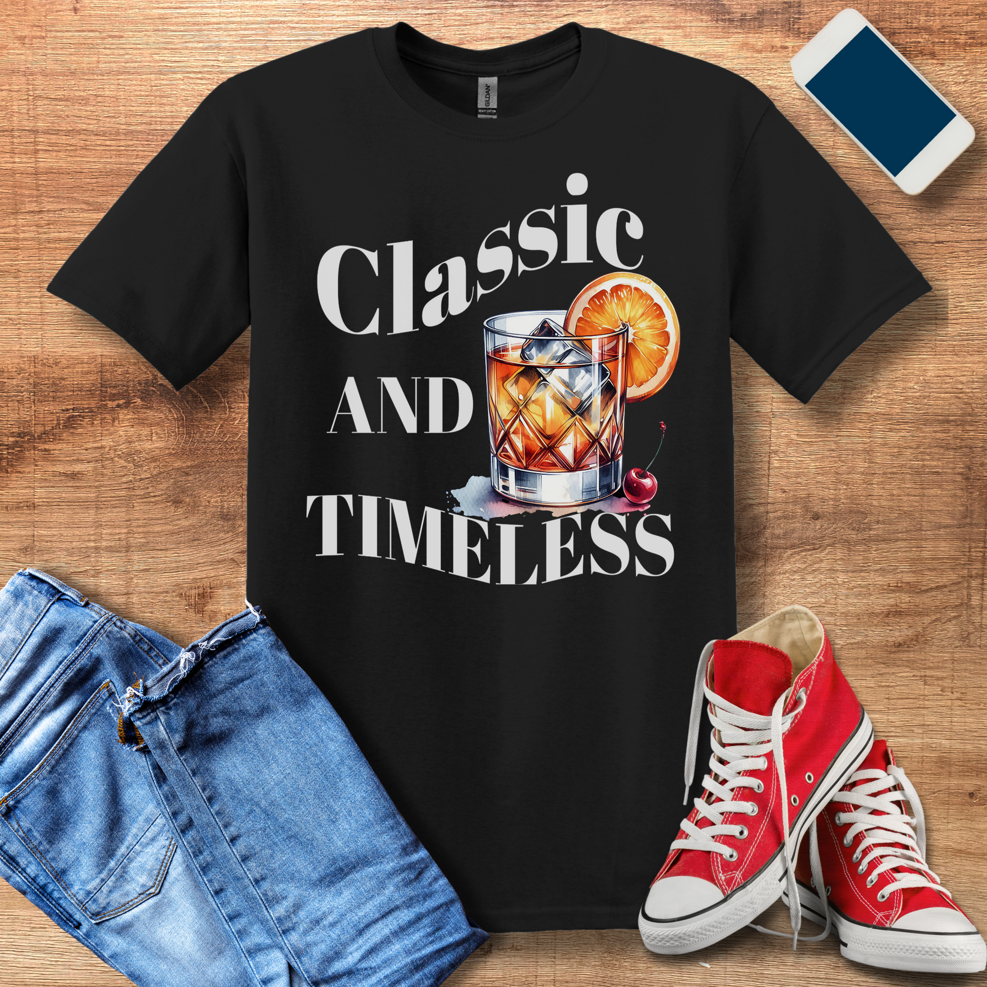 classic and timeless old fashioned on gildan 640 black t-shirt