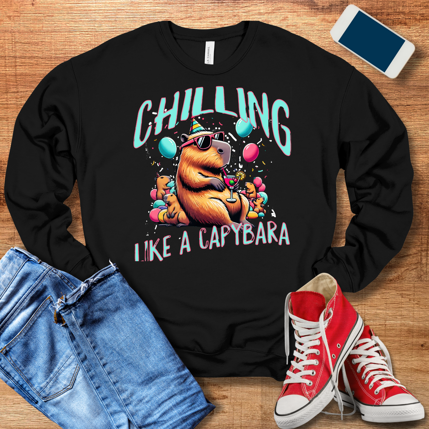 chilling like a capybara crewneck sweatshirt color black