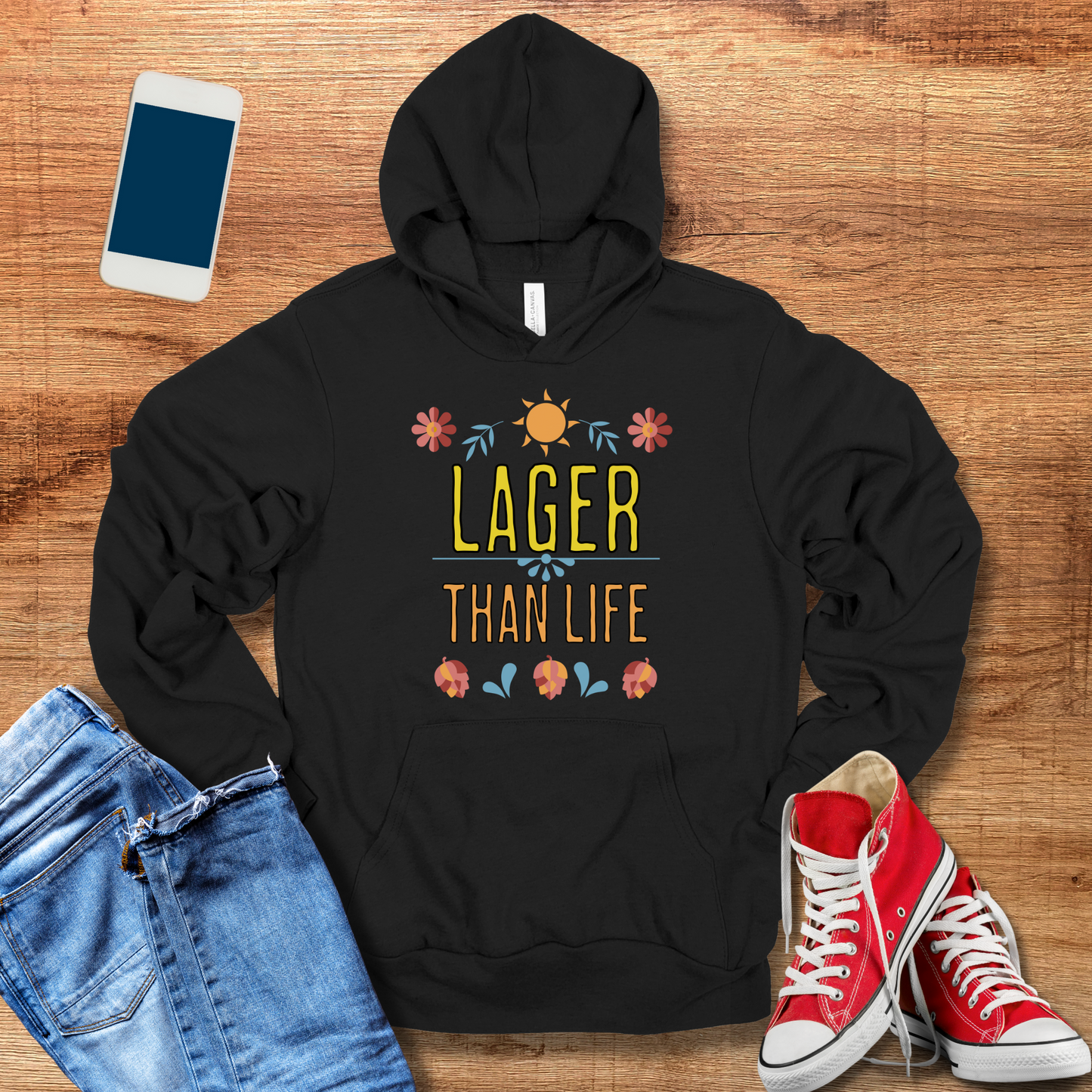 lager than life hoodie color black