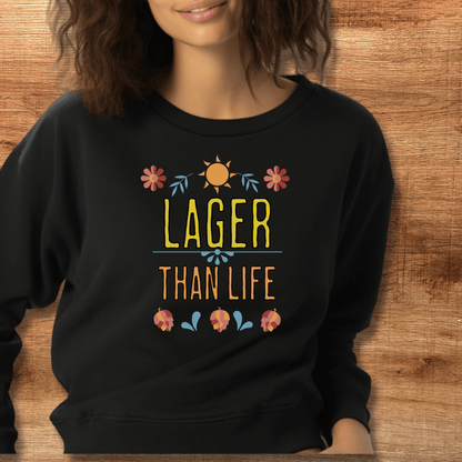 black lager than life sweatshirt on model