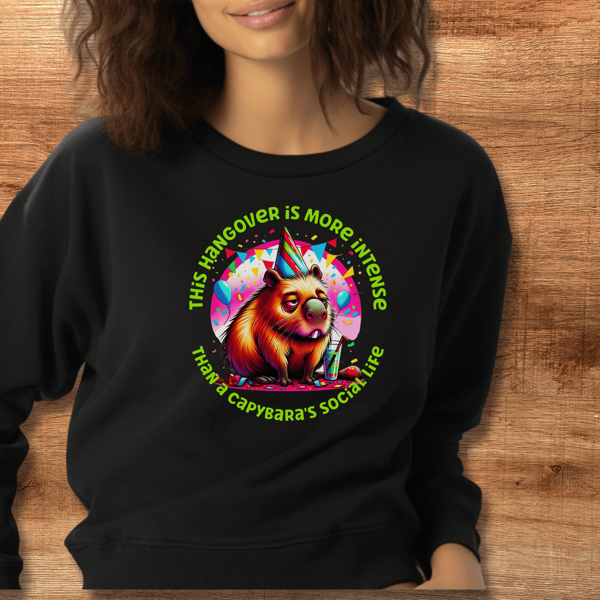 female model wearing black capybara hangover sweatshirt