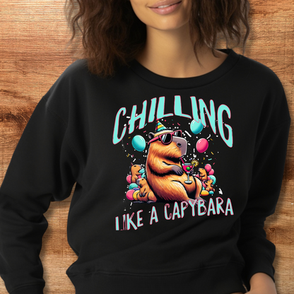 chilling like a capybara black sweatshirt on female model