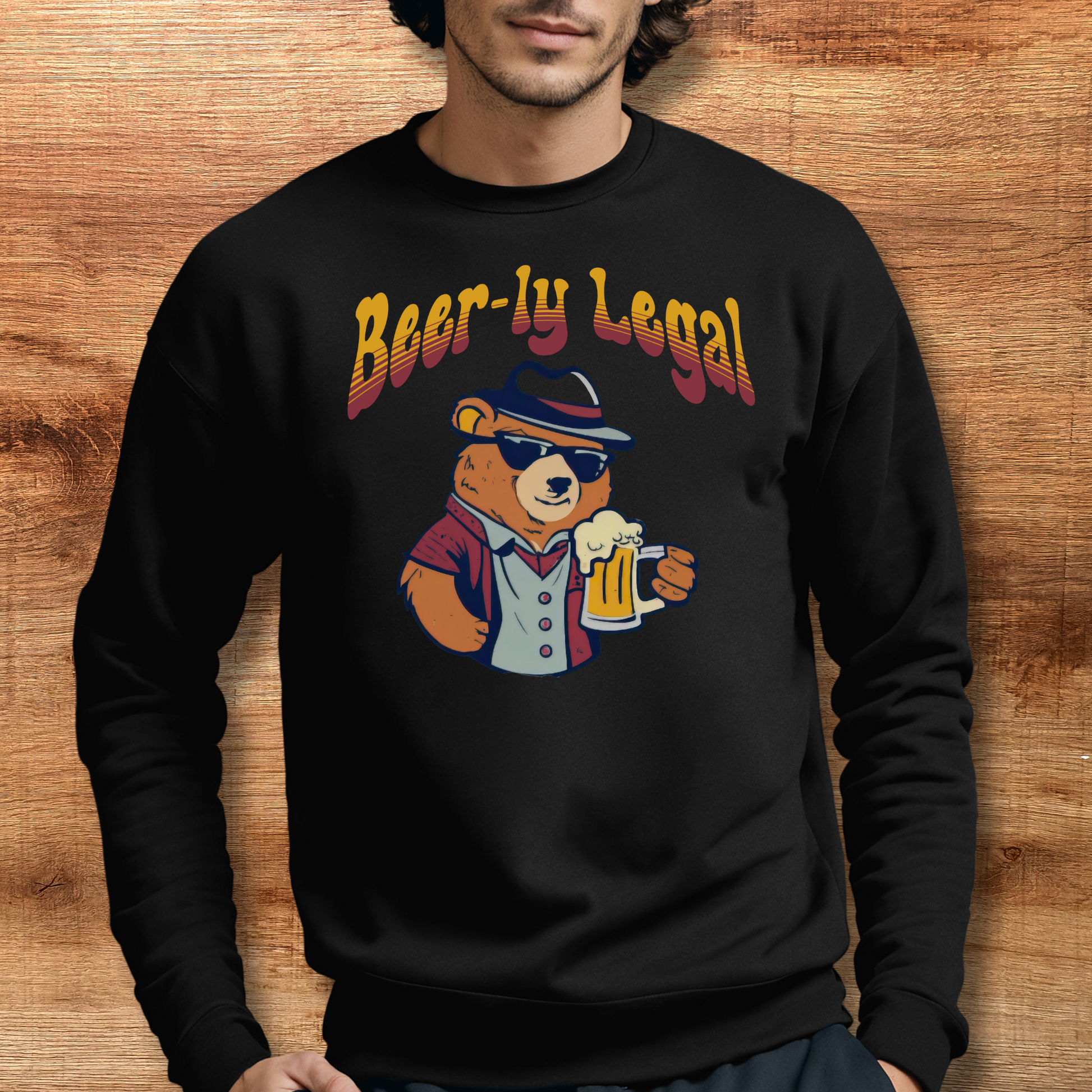 black beer-ly legal design beer sweatshirt on male model