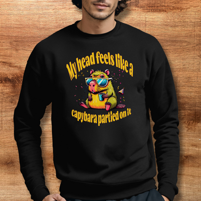 black capybara hangover crewneck sweatshirt on male model