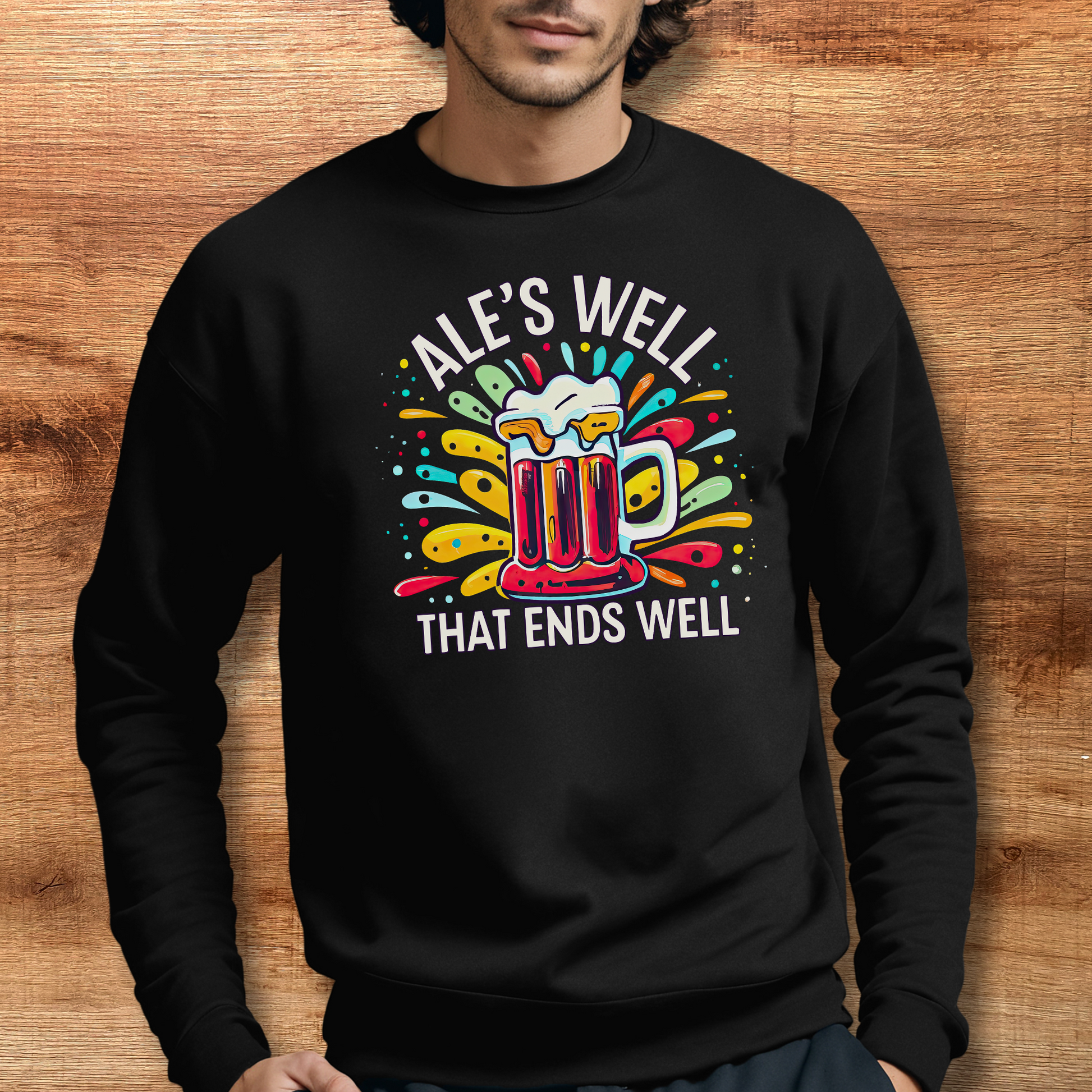 male model wearing ale's well that ends well black crewneck beer sweatshirt