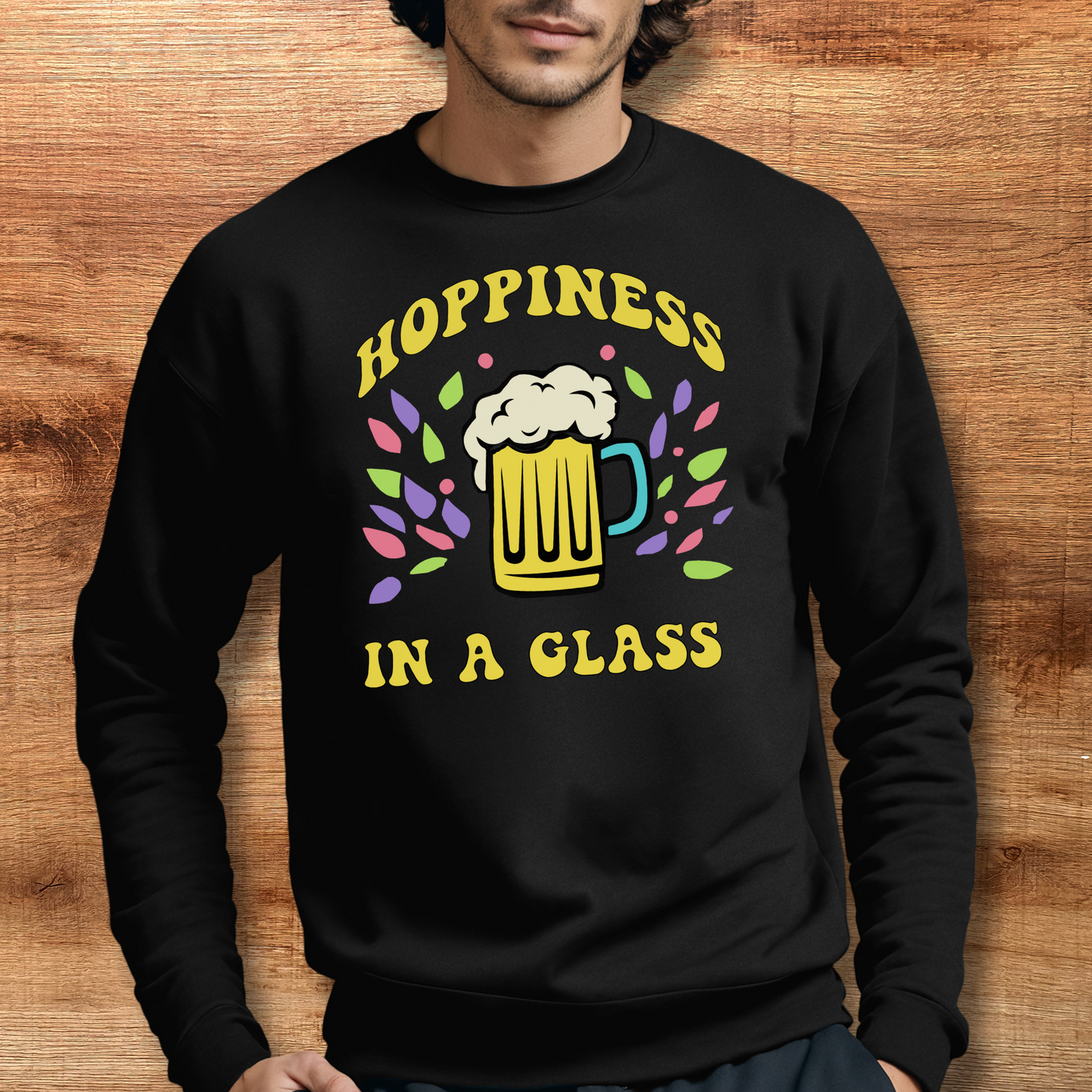 male model wearing hoppiness in a glass beer sweatshirt in black