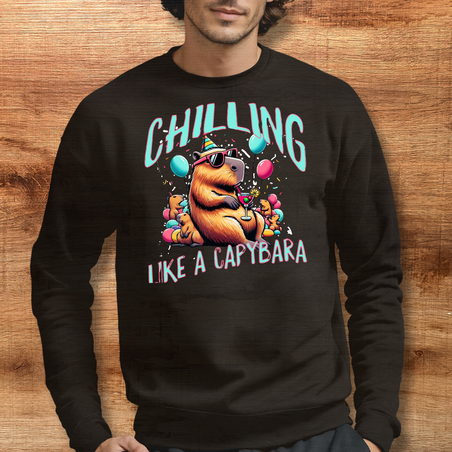 chilling like a capybara black sweatshirt on male model