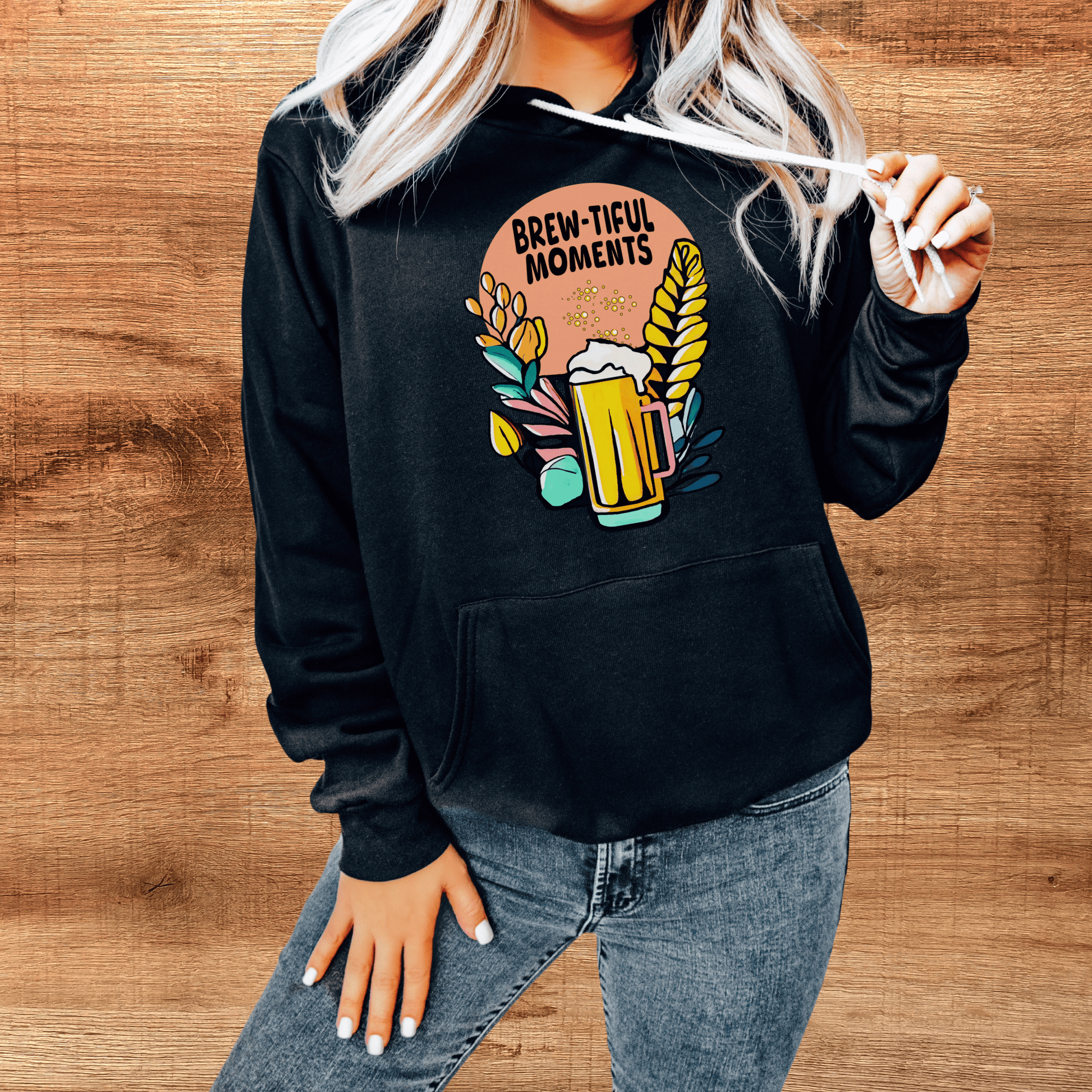 black color brew-tiful moments beer hoodie on model