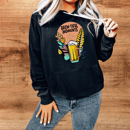 black color brew-tiful moments beer hoodie on model