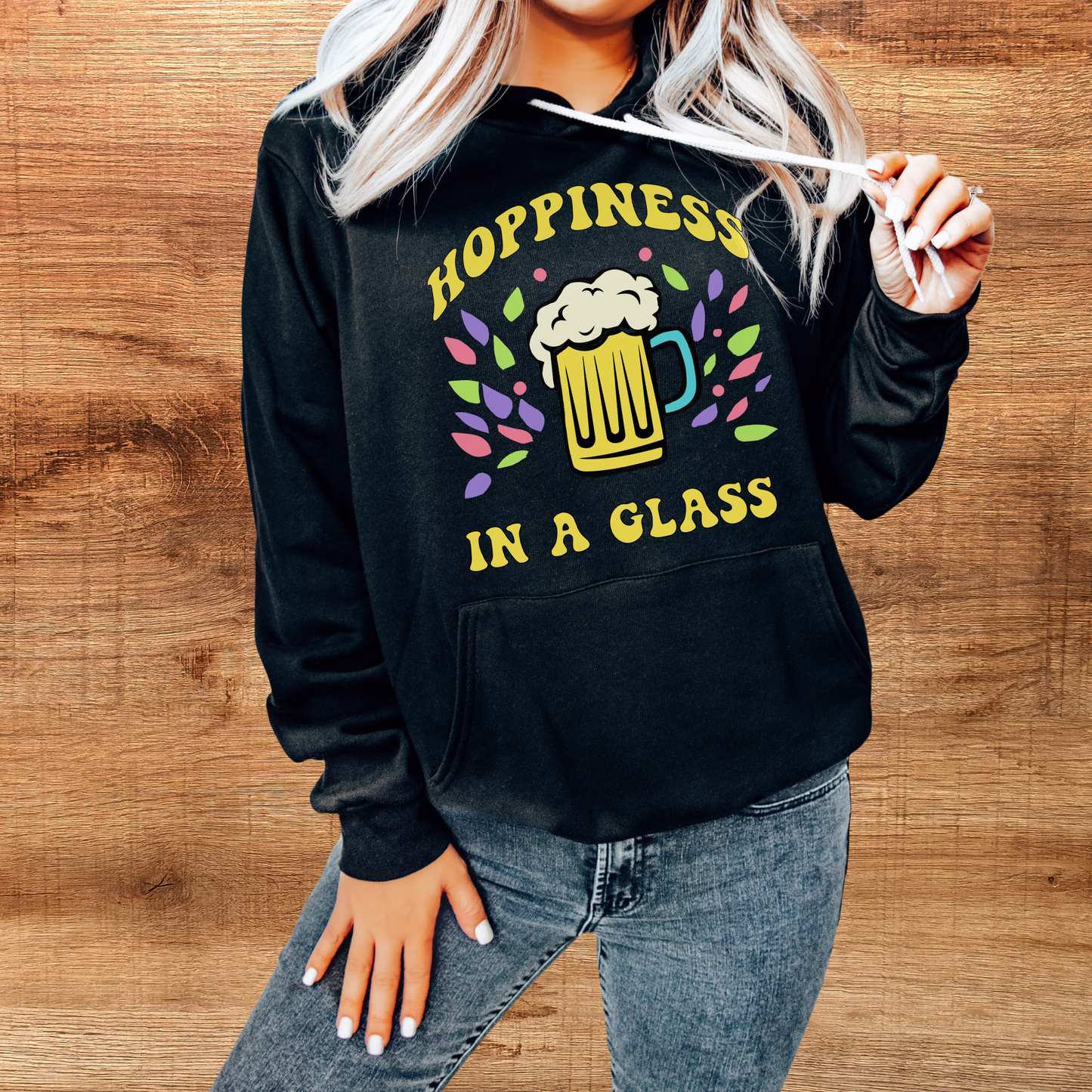 hoppiness in a glass black hoodie on female model