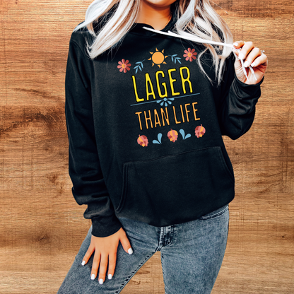 lager than life hoodie in black on female model