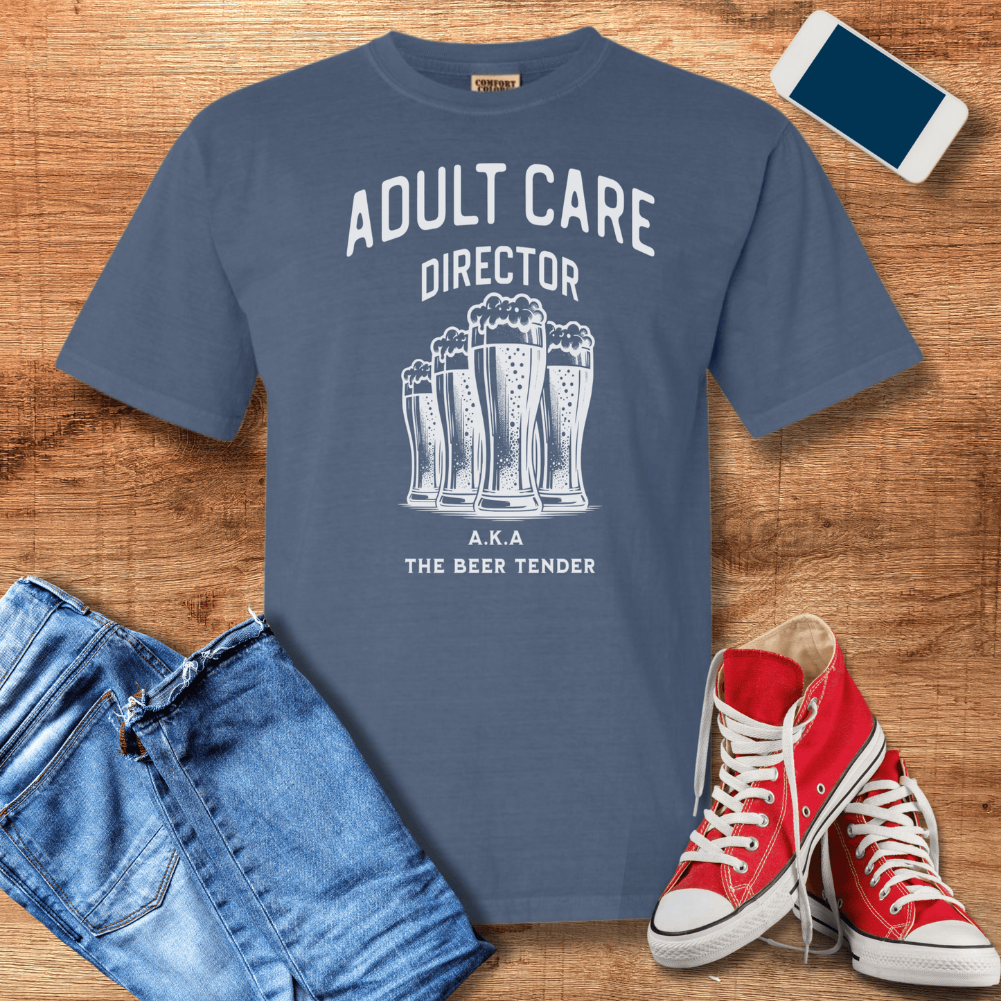 blue jean color beer tee