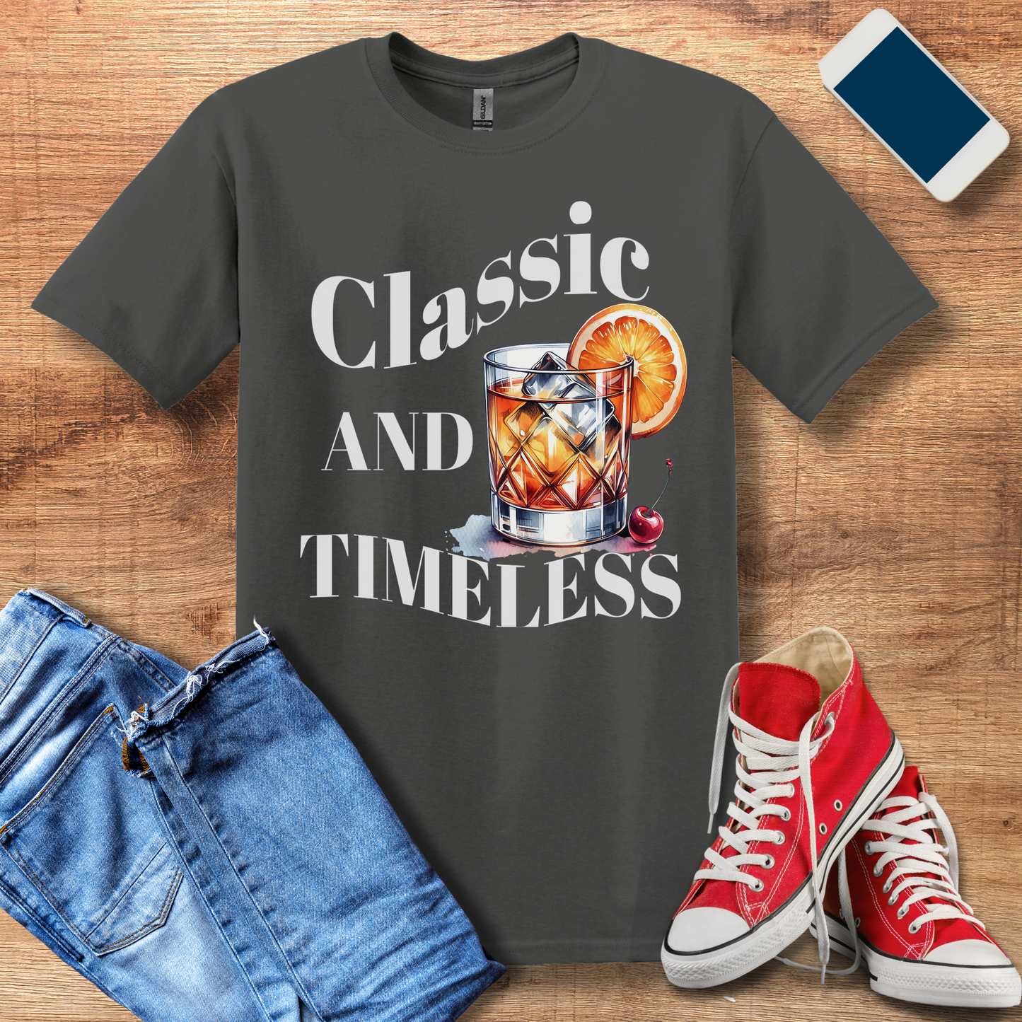 classic and timeless old fashioned on gildan 640 charcoal t-shirt