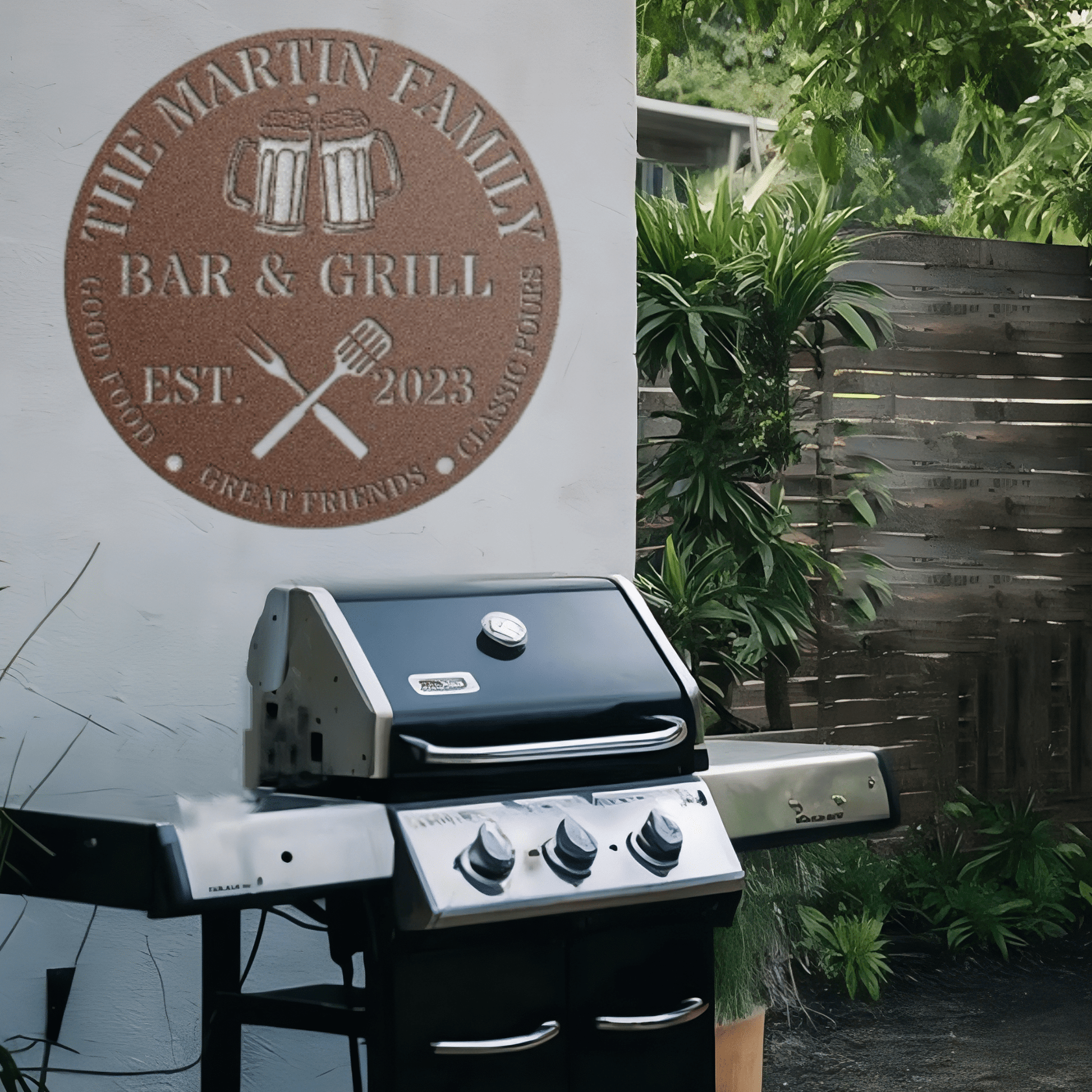 copper color metal wall art over grill