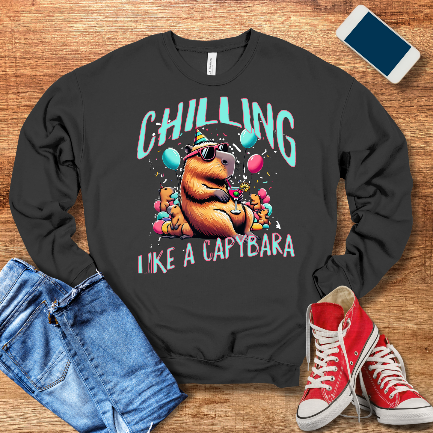 chilling like a capybara crewneck sweatshirt color dark grey