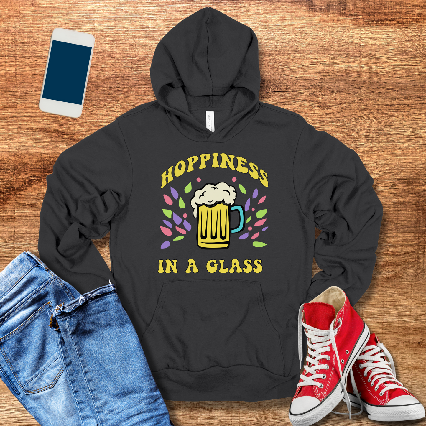 hoppiness in a glass hoodie color dark grey