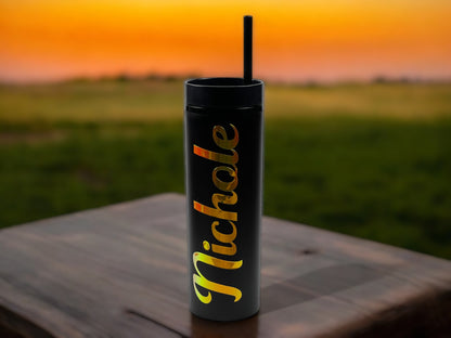 Custom 16 oz Matte Black Skinny Tumbler, Personalized Insulated Drinkware