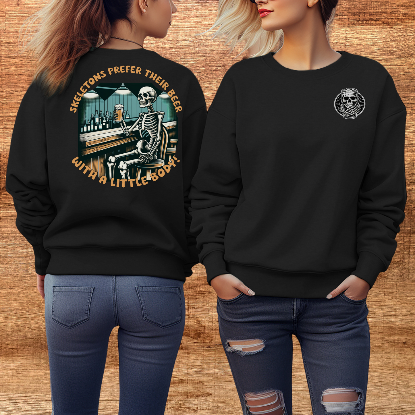 skeletons prefer their beer with a little body crewneck sweatshirt in black