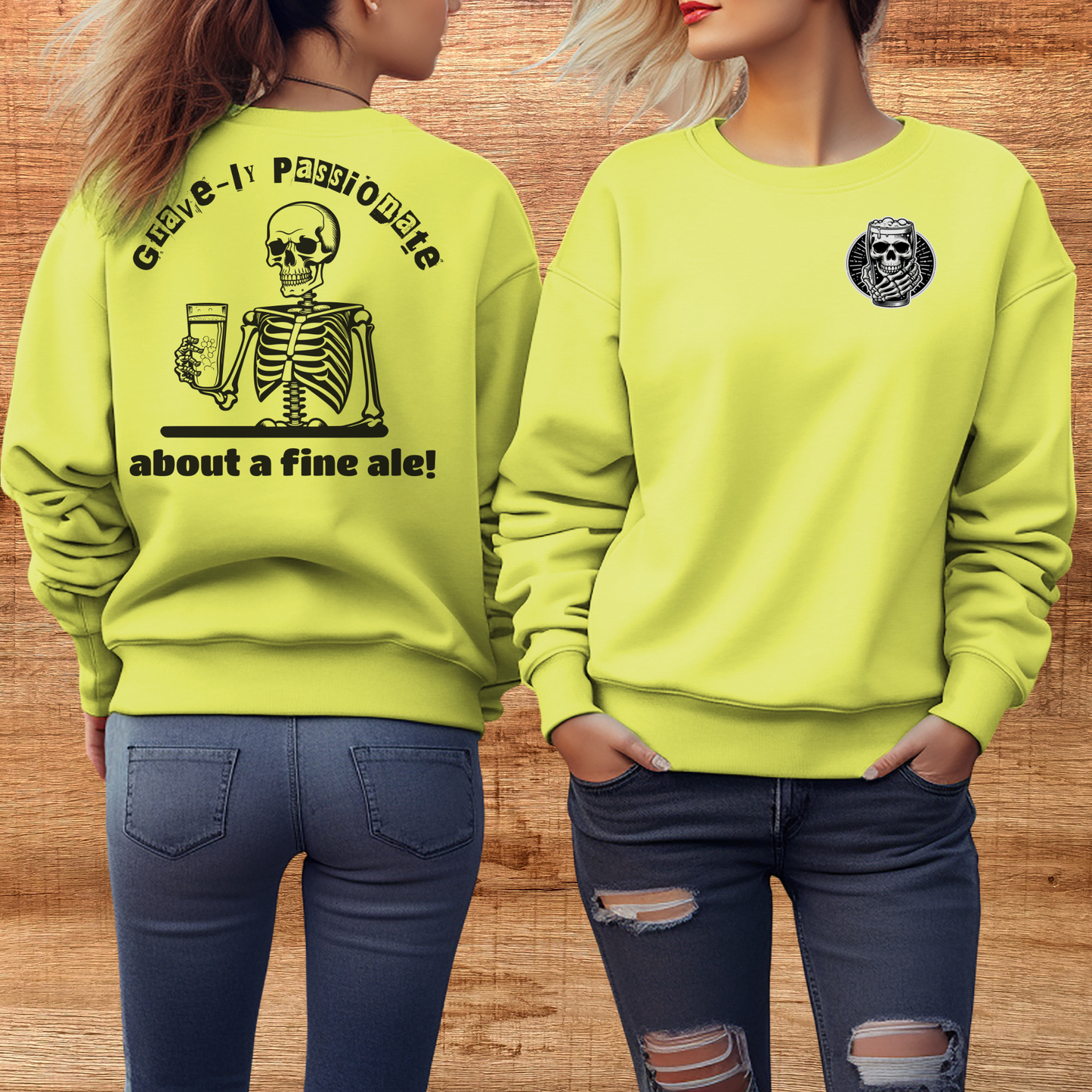 female model wearing beer skeleton sweatshirt in strobe color