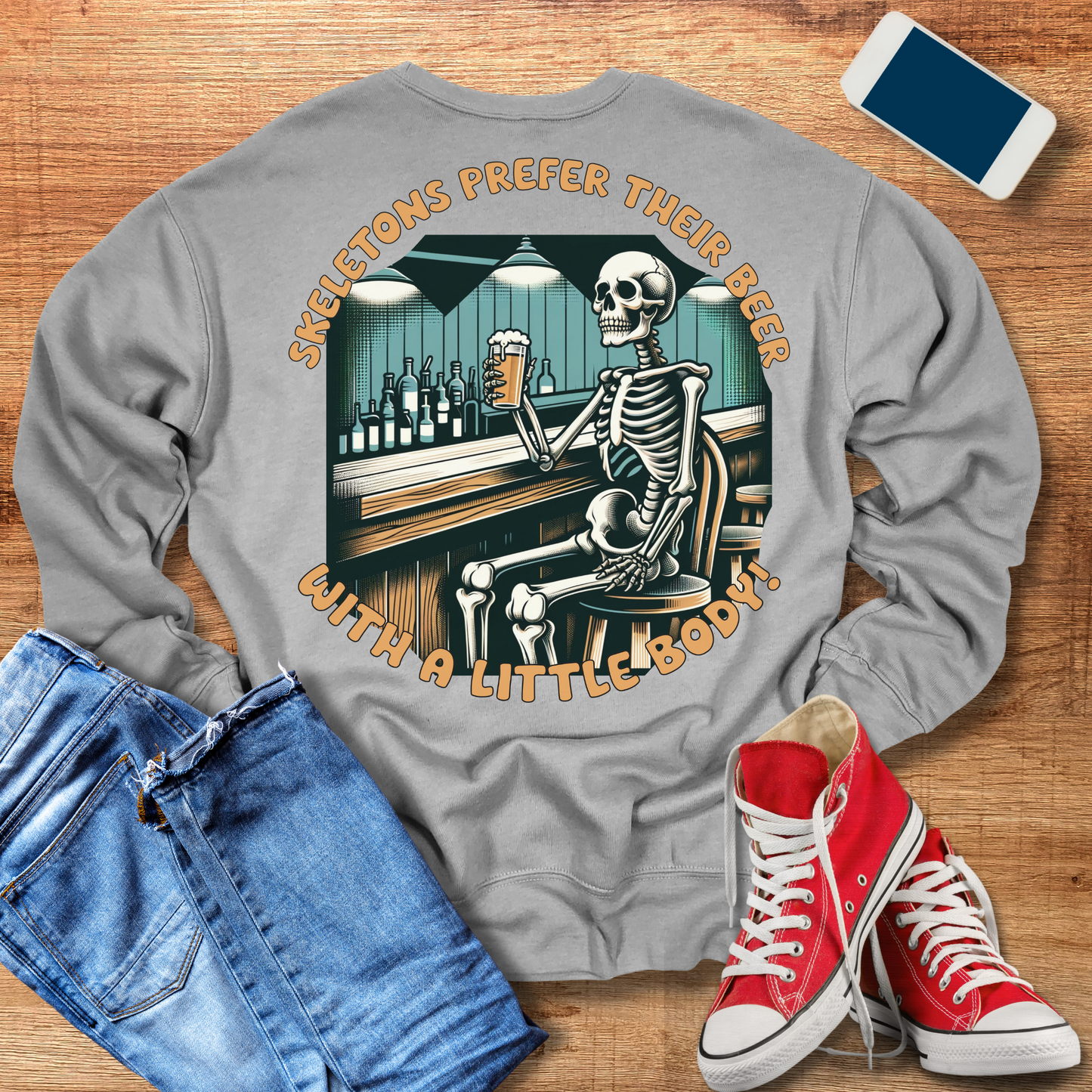 skeletons prefer their beer with a little body crewneck sweatshirt color heather athletic