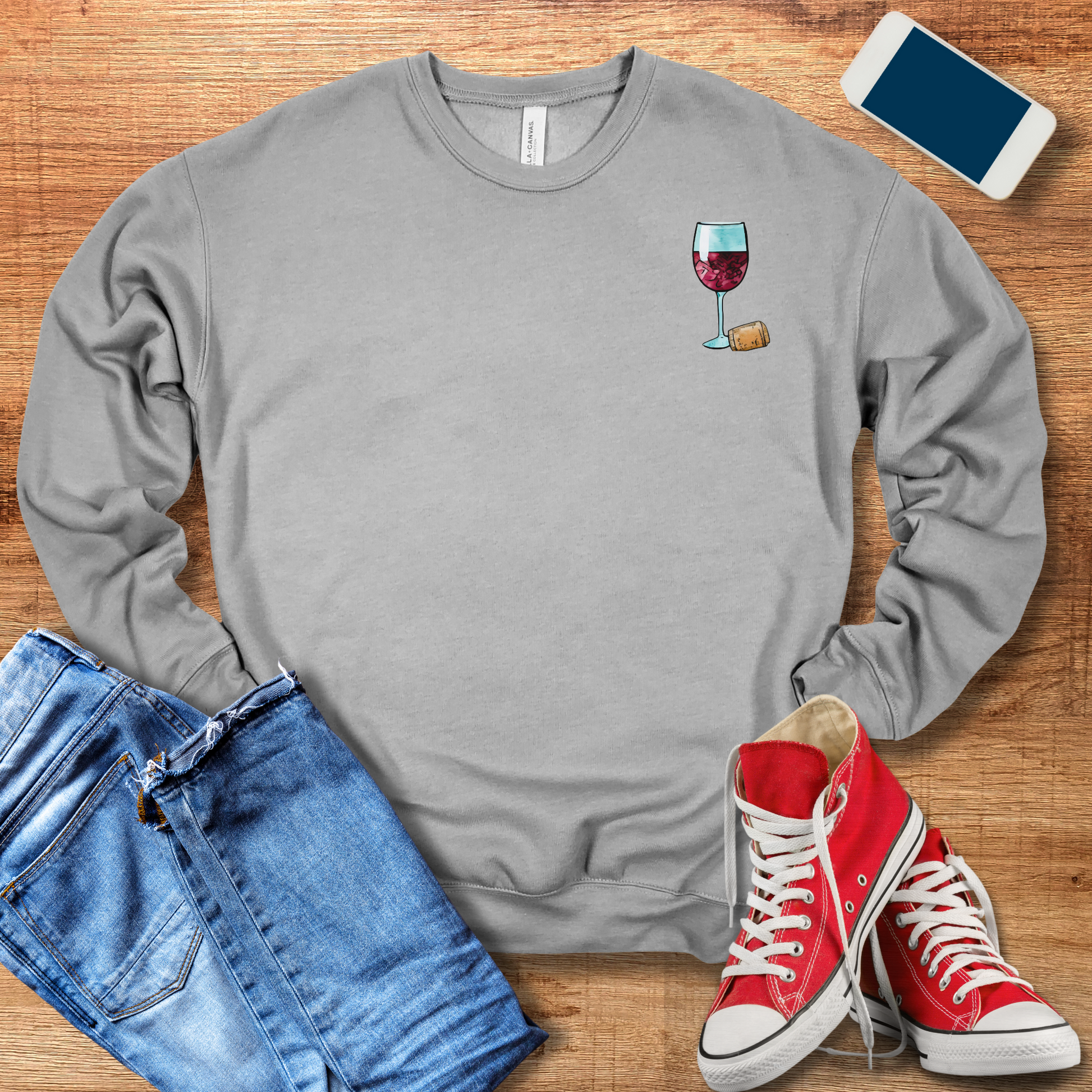 wine glass pocket design on heather athletic color sweatshirt