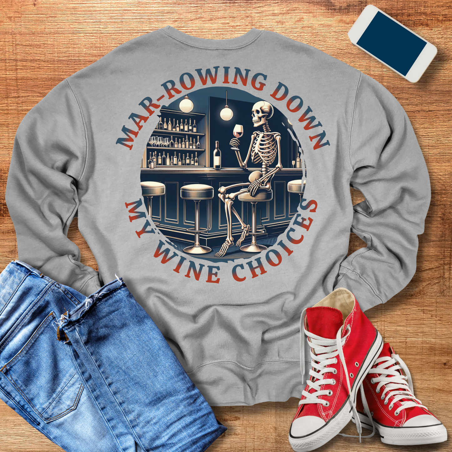 marrowing down my wine choices crewneck sweatshirt in color heather athletic