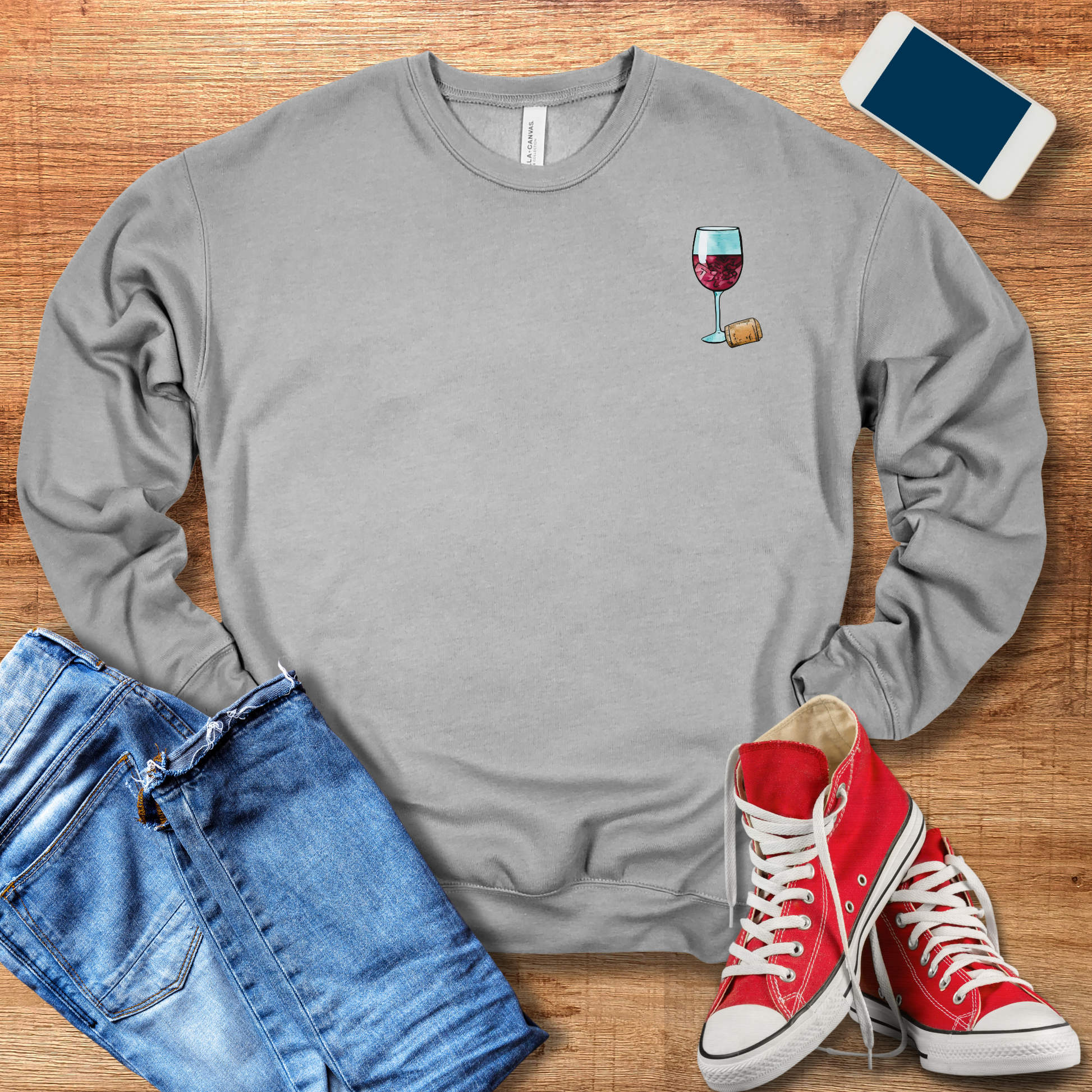 wine glass pocket design on crewneck sweatshirt