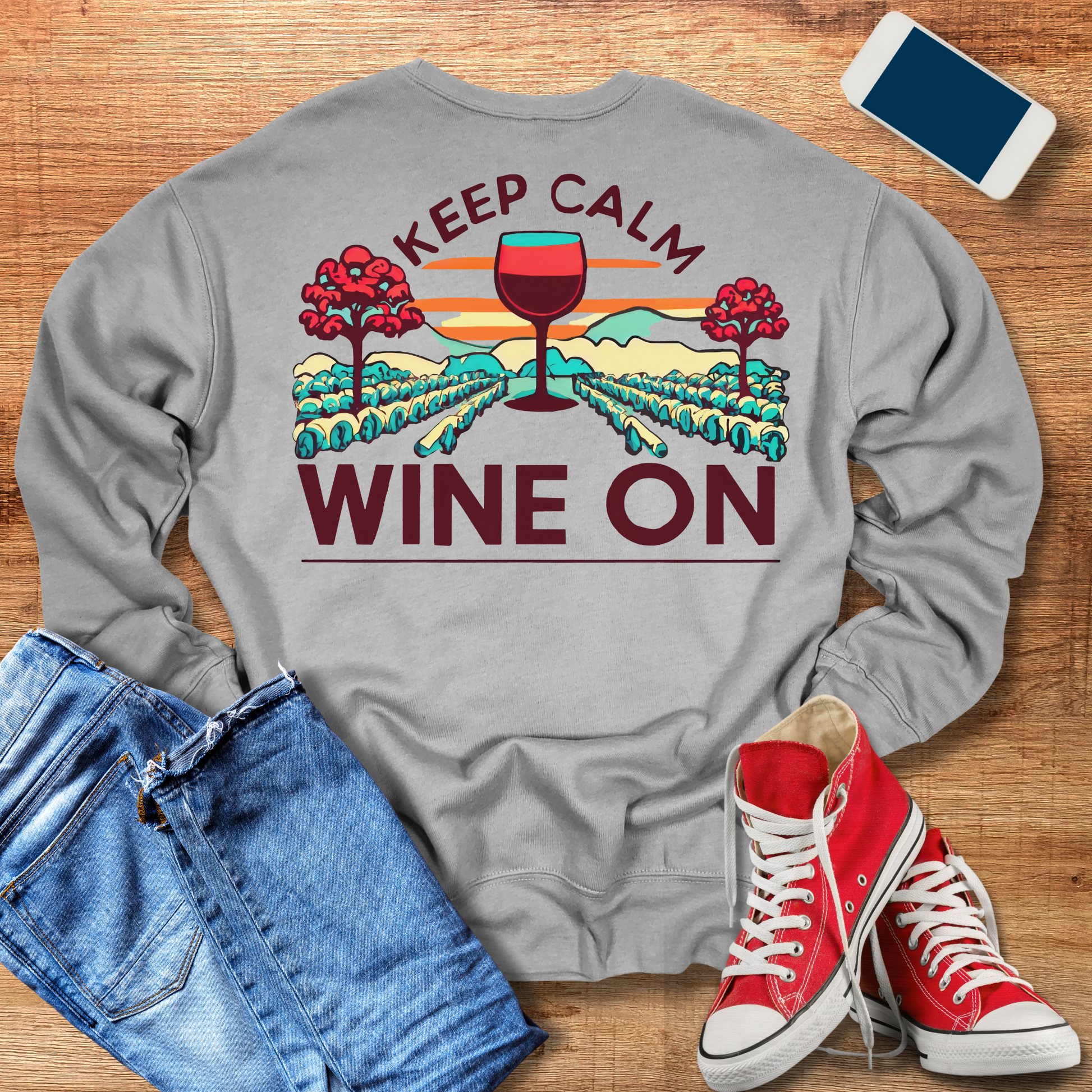 keep calm wine on crewneck sweatshirt in the color heather athletic