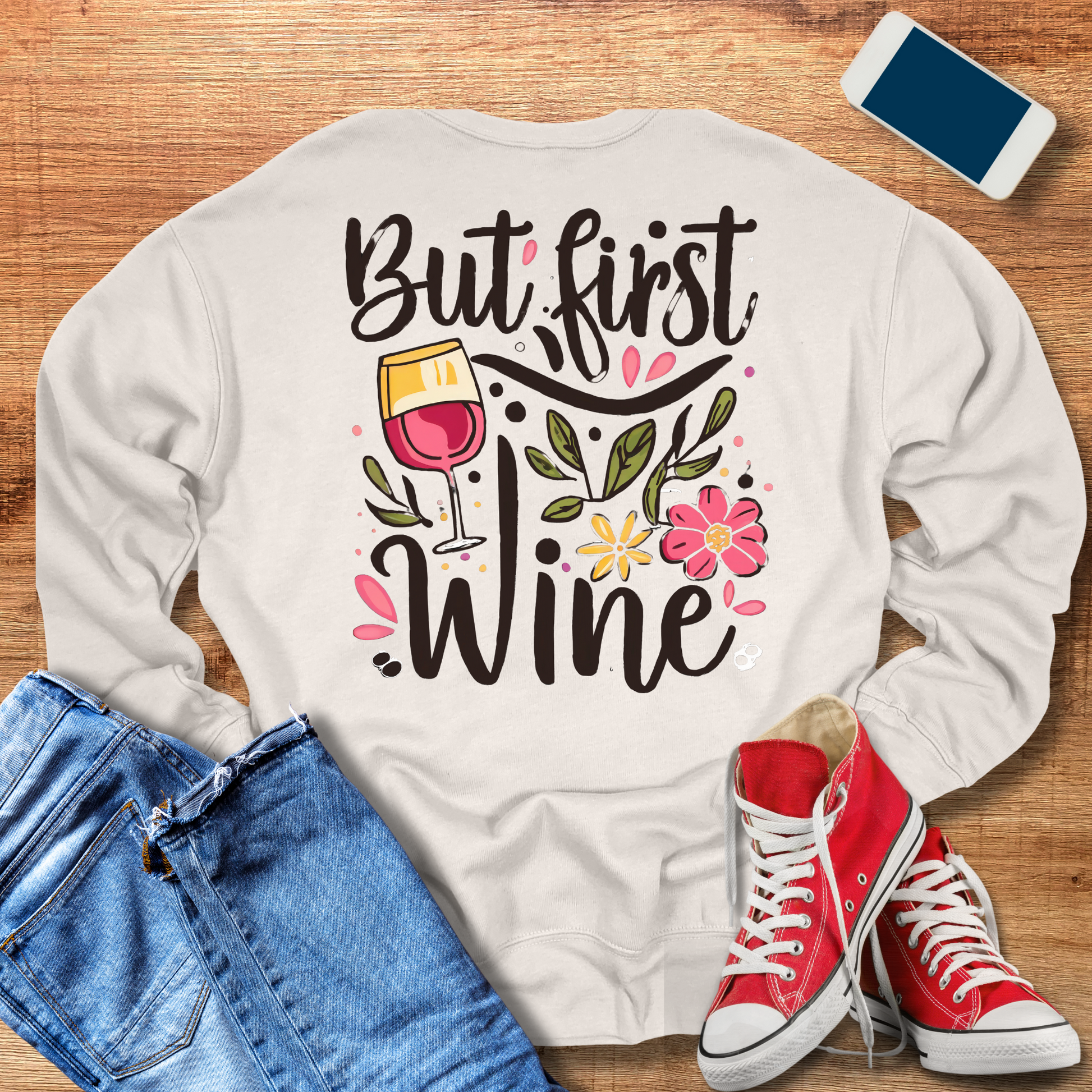 heather dust color but first wine sweatshirt