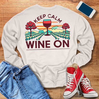 keep calm wine on crewneck sweatshirt in the color heather dust