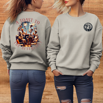 female model weating toast to after life wine crewneck sweatshirt in color heather dust