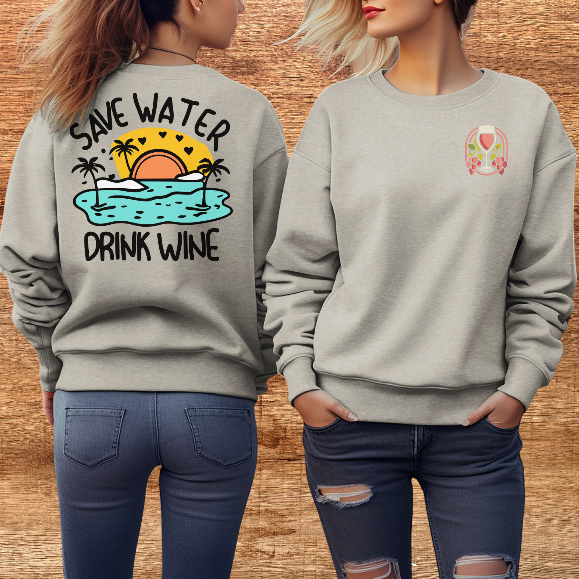 save water drink wine sweatshirt on female model in the color heather dust