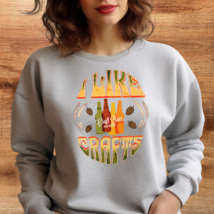 heather dust color "I like crafts" crewneck sweatshirt on female model