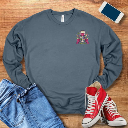 wine glass pocket design on heather slate colored wine sweatshirt