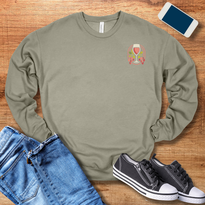 wine glass on front of heather stone colored sweatshirt