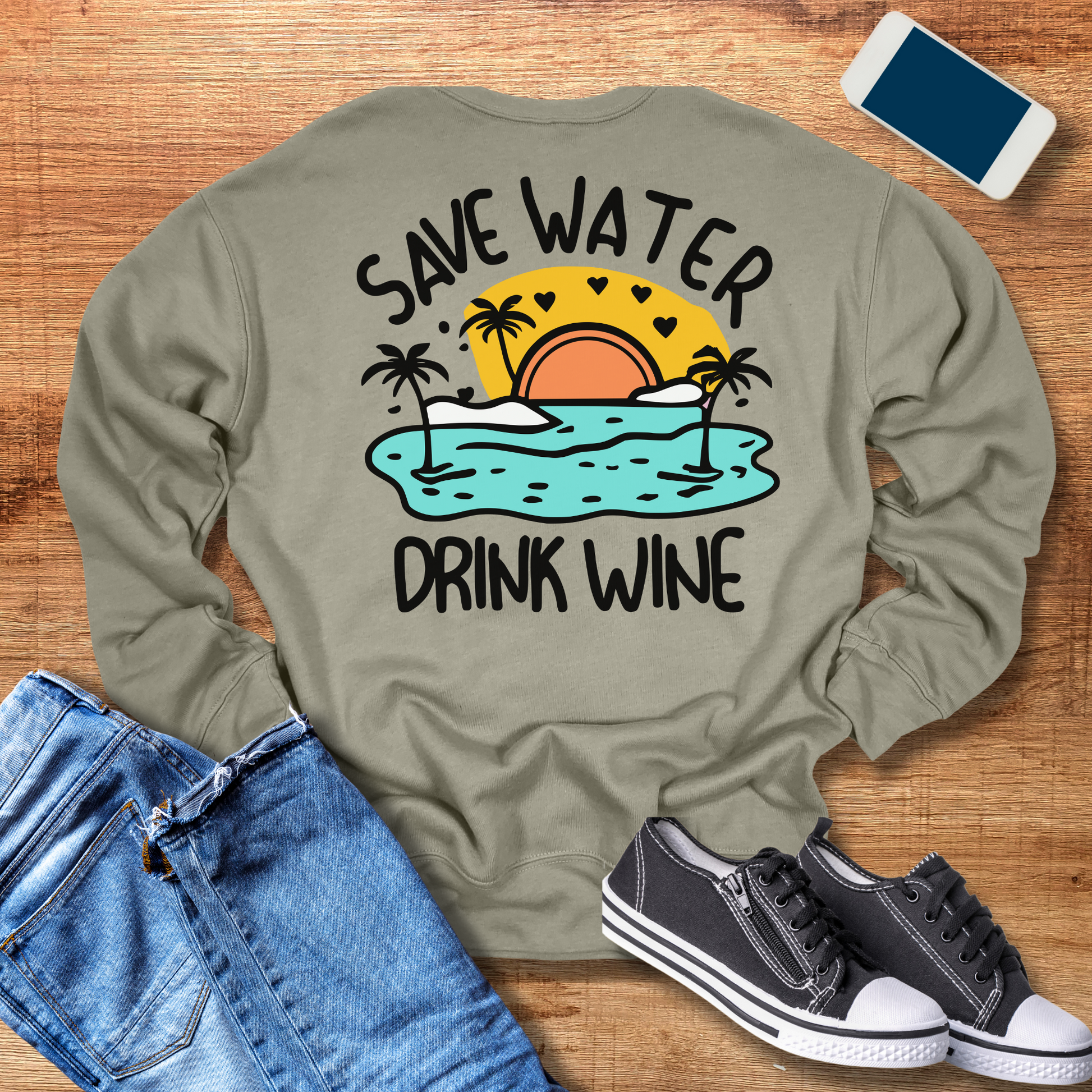 save water drink wine crewneck sweatshirt in heather stone color