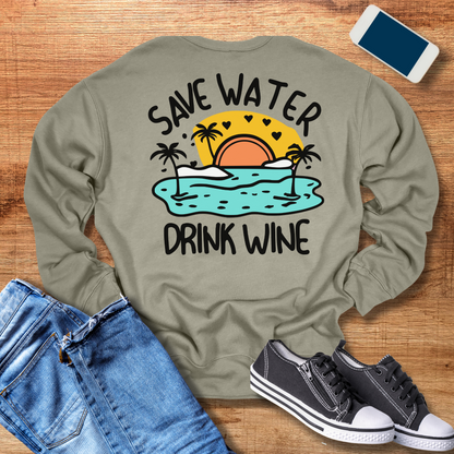 save water drink wine crewneck sweatshirt in heather stone color