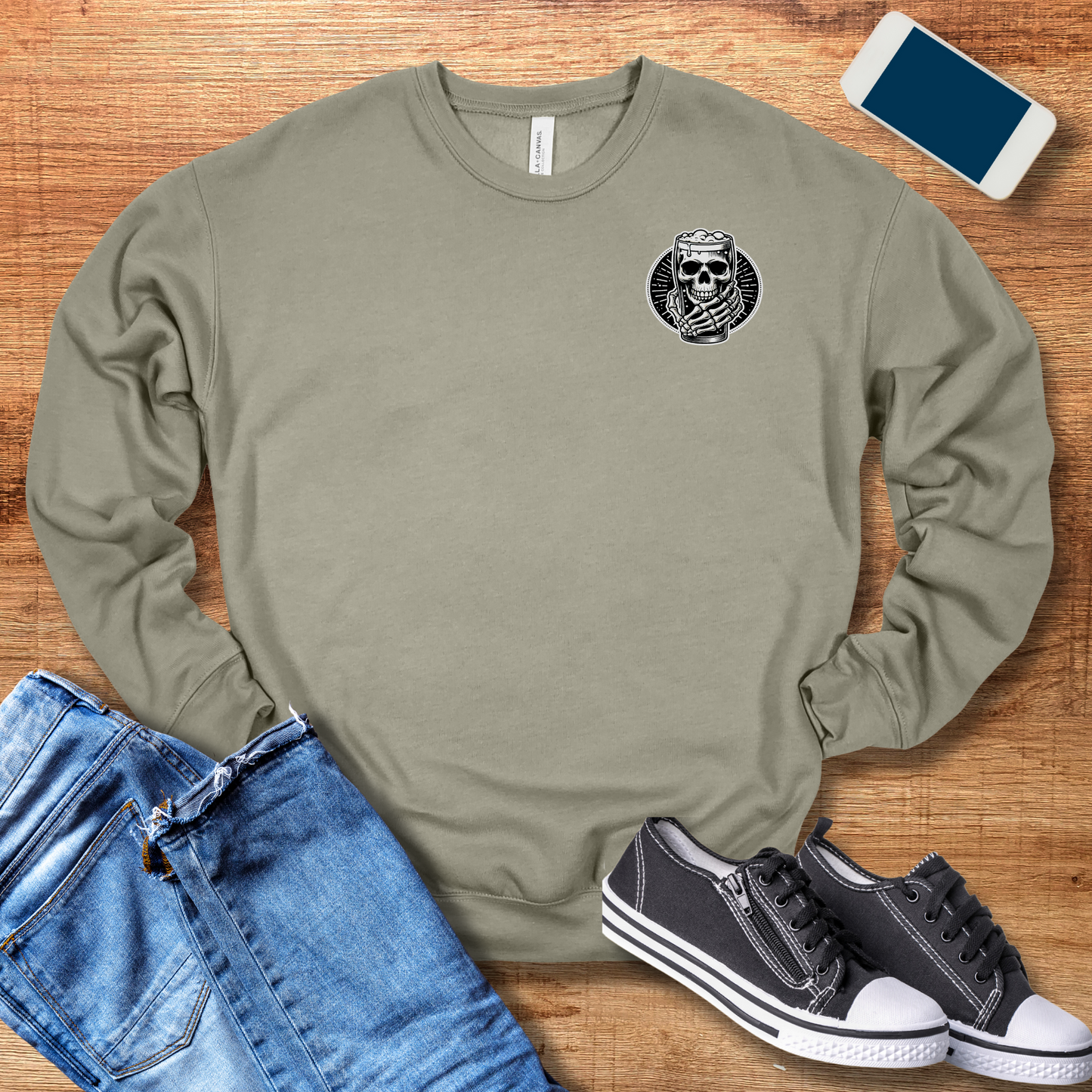 beer skeleton crewneck sweatshirt in the color heather stone