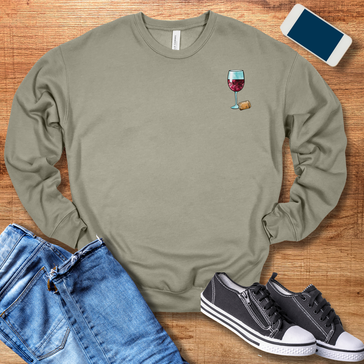 wine glass pocket design on front of heather stone color sweatshirt