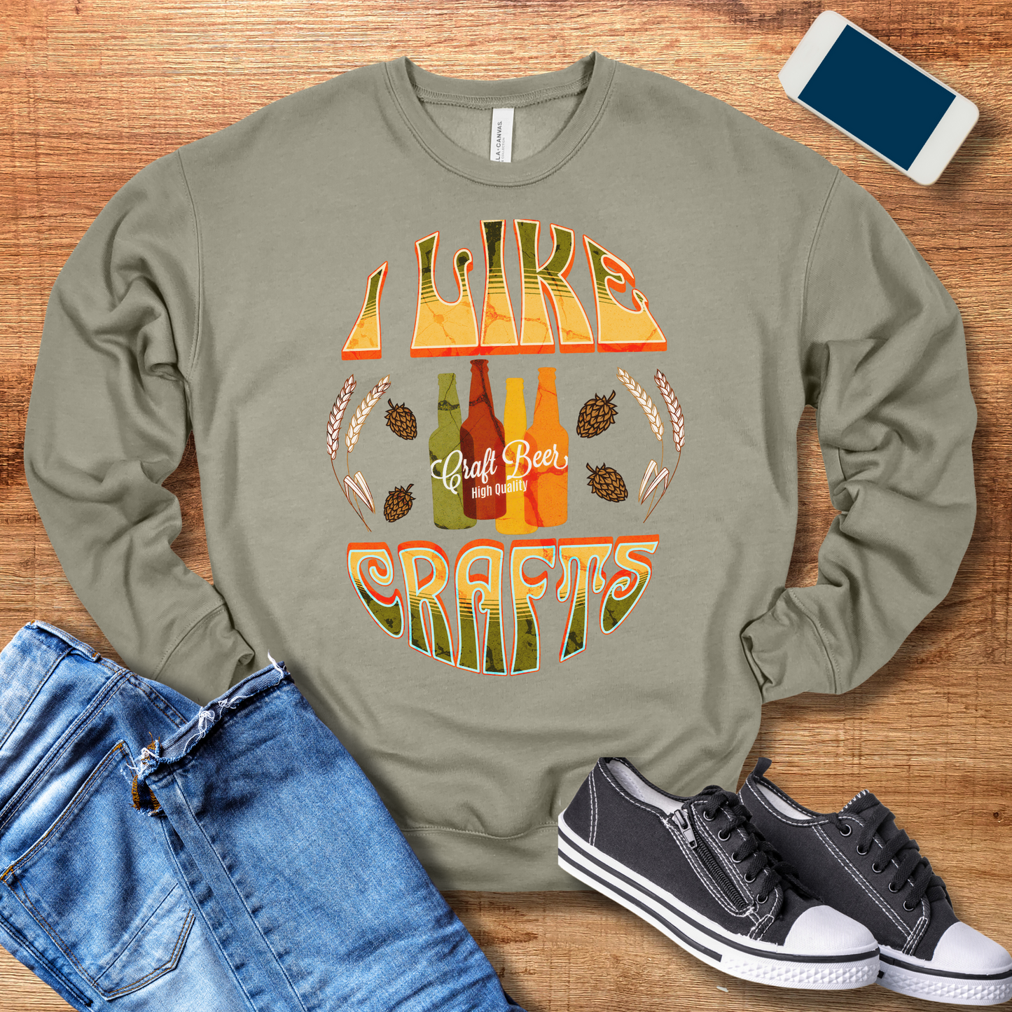 heather stone color i like crafts beer crewneck sweatshirt