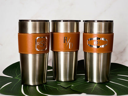 Stainless Steel Insulated Tumbler with Leather Sleeve-Custom Gift For Groomsmen, Best Man, Father, Birthday, Weddings 20oz & 30 oz Drink Cup