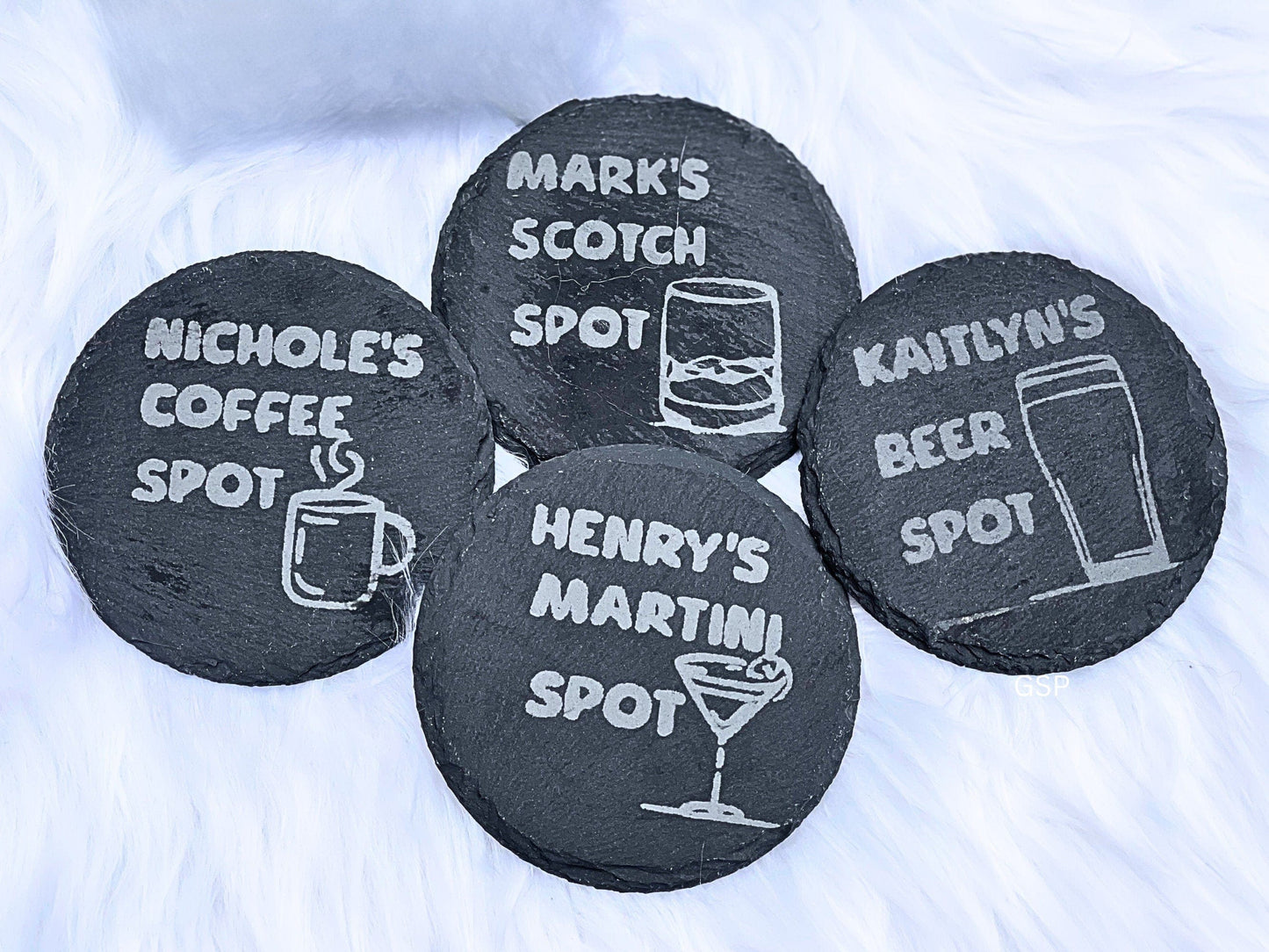 Personalized Black Slate Etched Coasters Customized monogrammed square & round bar and drink accessories for weddings, Gifts, Anniversaries