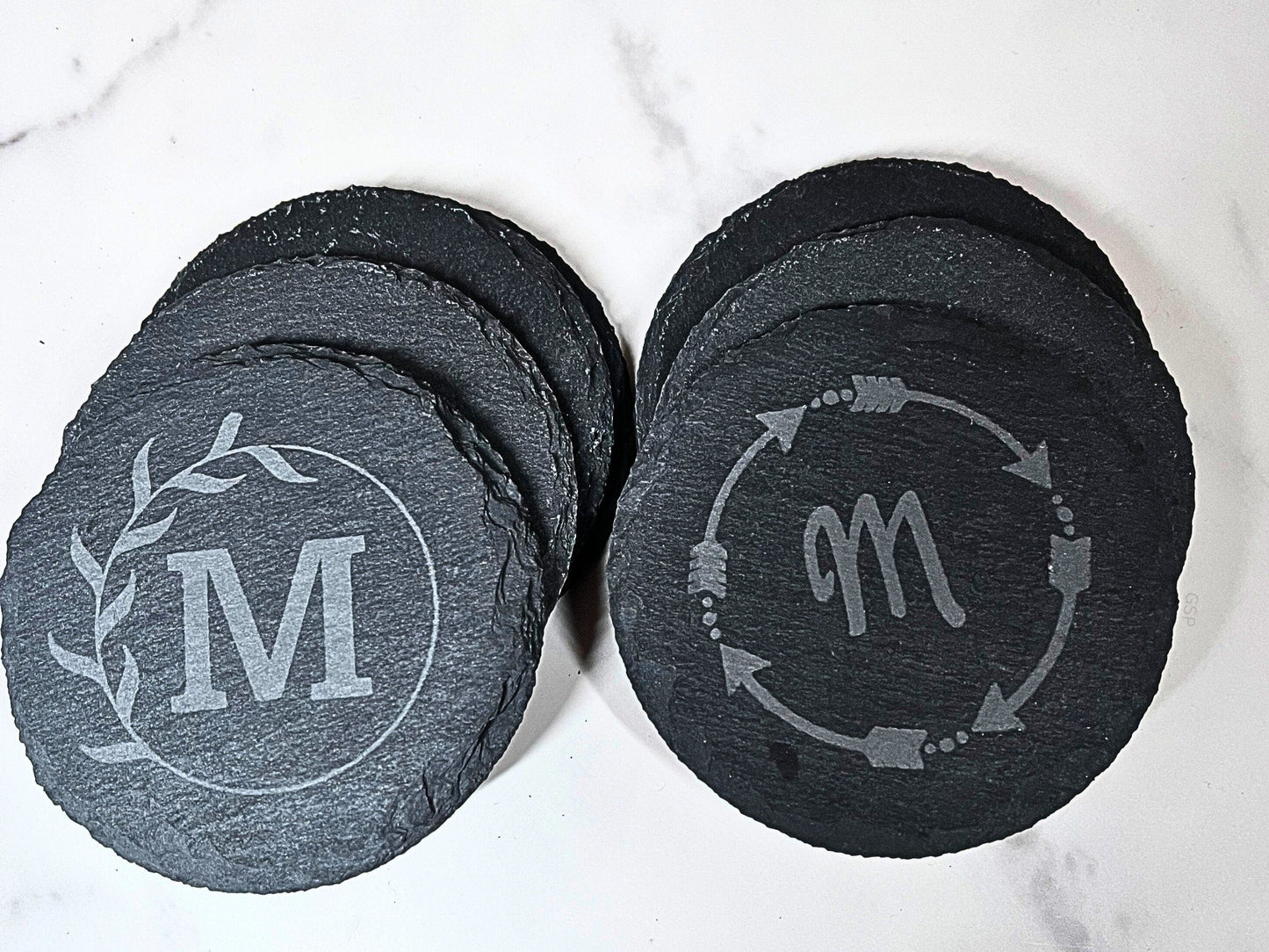 Personalized Black Slate Etched Coasters Customized monogrammed square & round bar and drink accessories for weddings, Gifts, Anniversaries