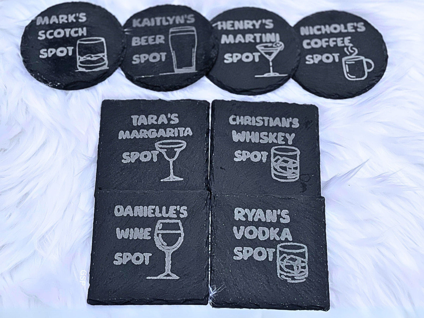 Personalized Black Slate Etched Coasters Customized monogrammed square & round bar and drink accessories for weddings, Gifts, Anniversaries