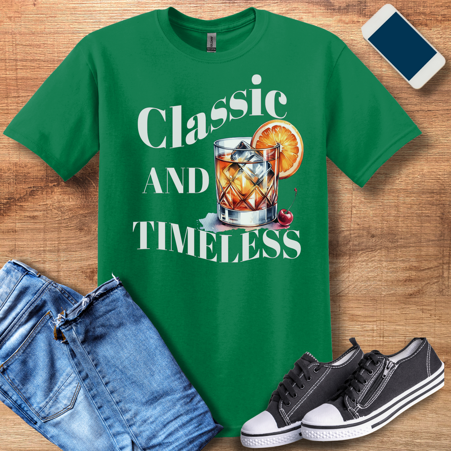 classic and timeless old fashioned on gildan 640 kelly green t-shirt