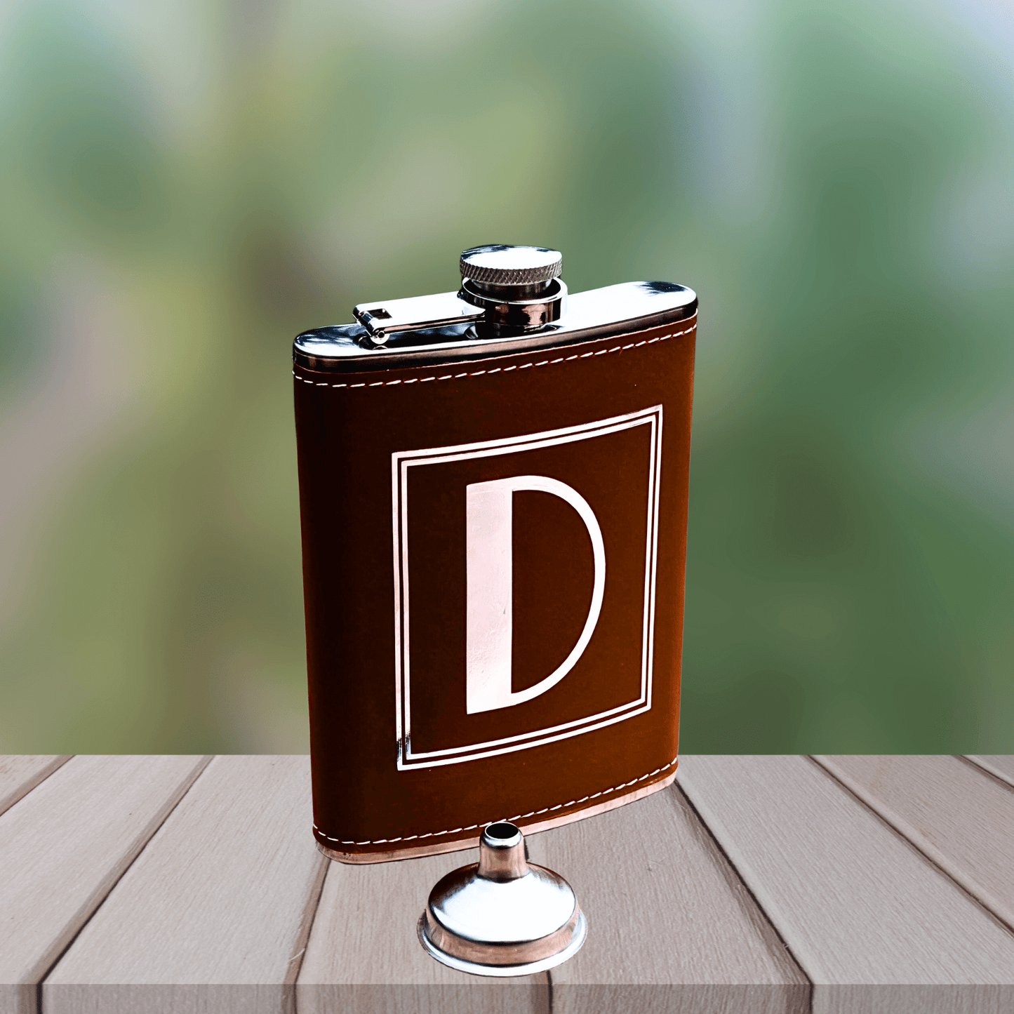 Custom Leather Flask with Initial in box design