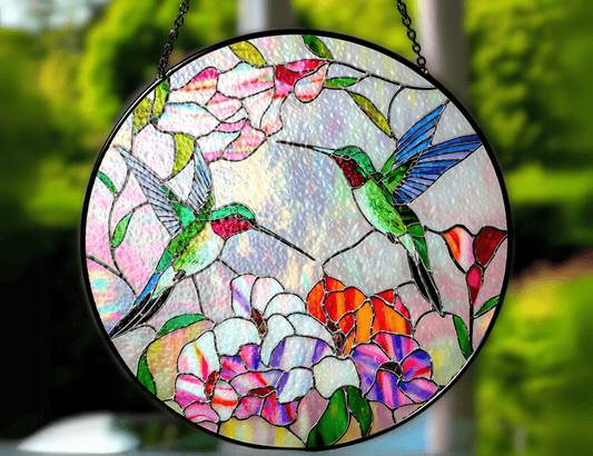 Colorful Hummingbird Faux Stained Glass Window Art