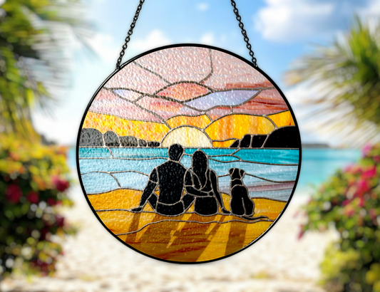 couple and dog at beach sunrise suncatcher coastal beachy vibe