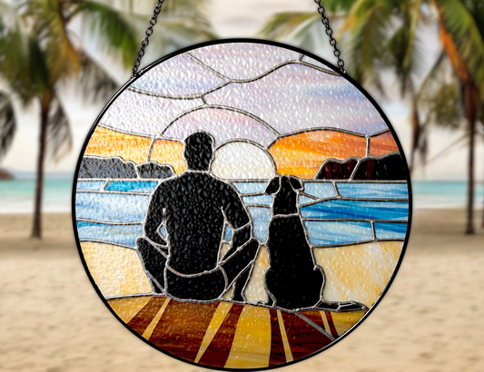 man and dog at beach at sunrise suncatcher beachy vibes